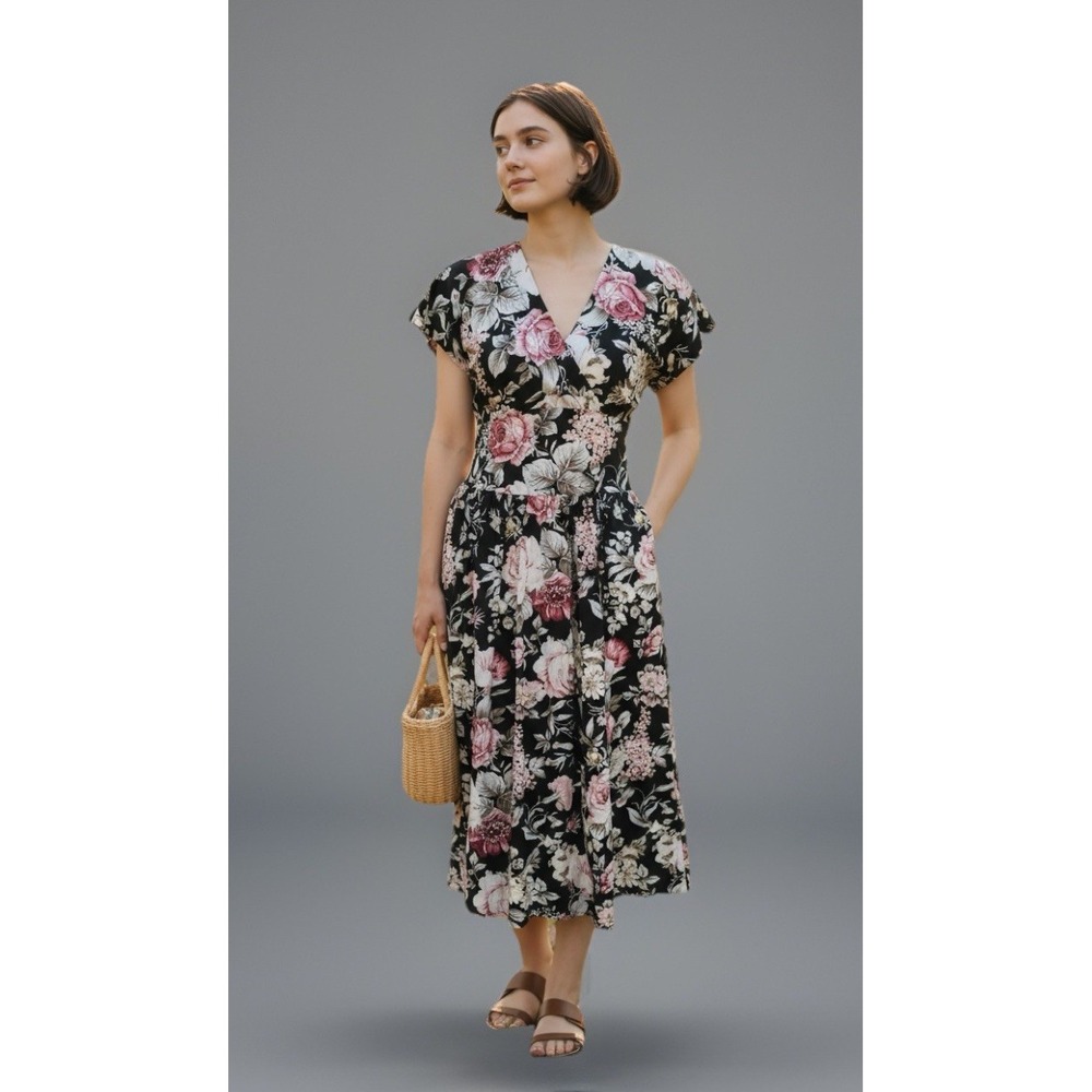 VTG Cottage Core Dress 90s Garden‎ Dark Floral Black Shabby Chic Feminine Medium